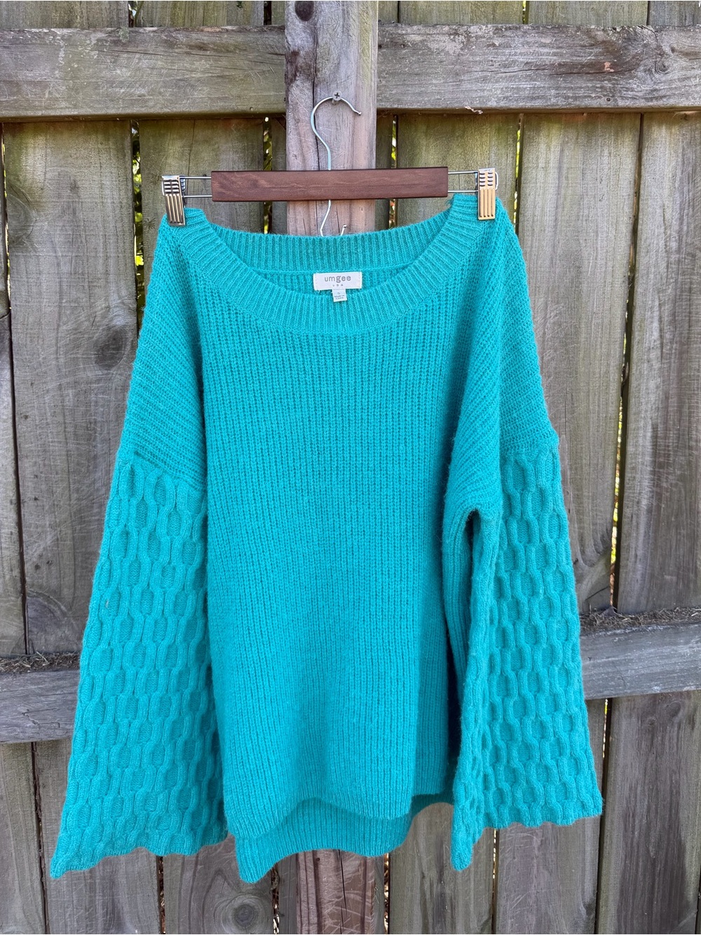 Umgee Teal Scoop-Neck Cable Bell-Sleeve Sweater